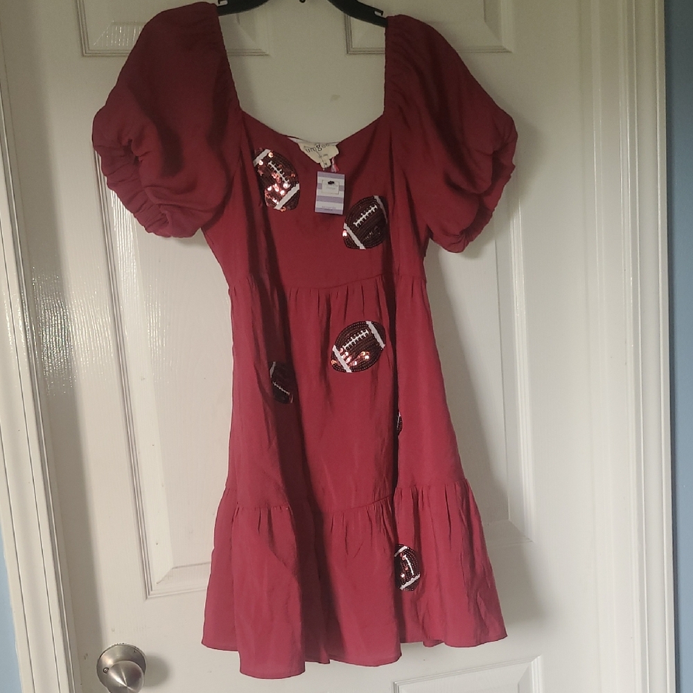 Umgee Burgundy Puff Sleeve Football Appliqué Mini Dress